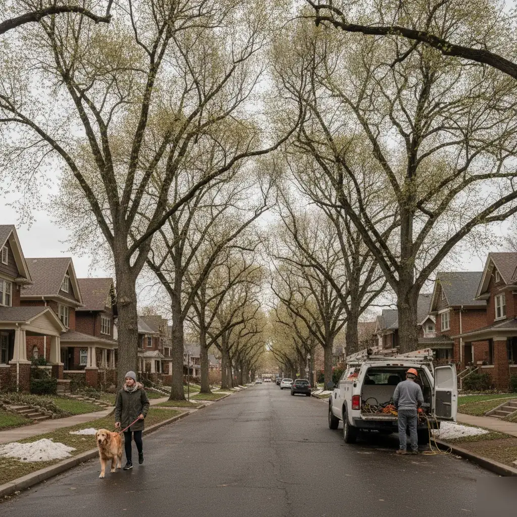 Denver street with mature trees and arborist service truck