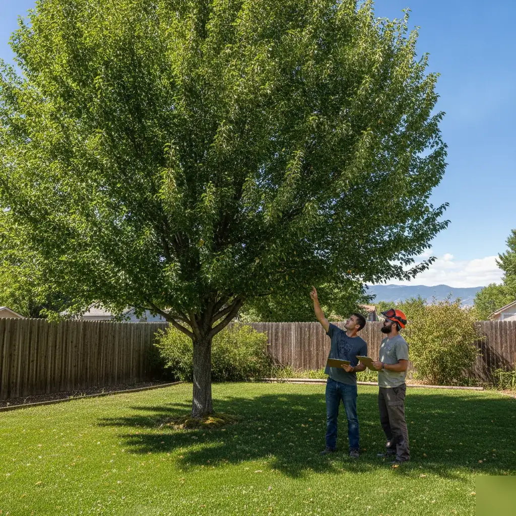 Healthy pruned tree with homeowner and arborist in Denver yard