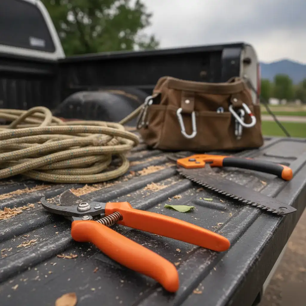 Close-up of arborist pruning tools and rope in Denver