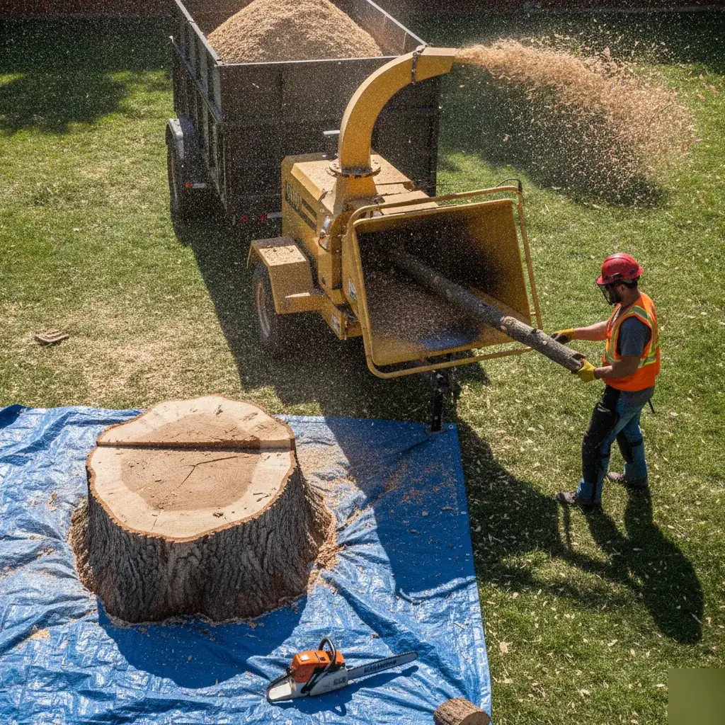 Worker feeding ash tree limbs into a wood chipper during a Denver removal