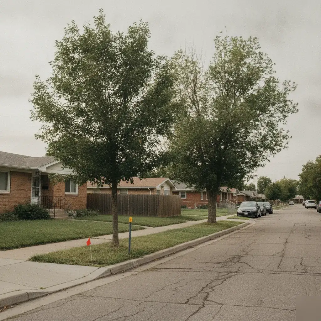 Ash tree in a Denver city right-of-way strip beside a private yard tree