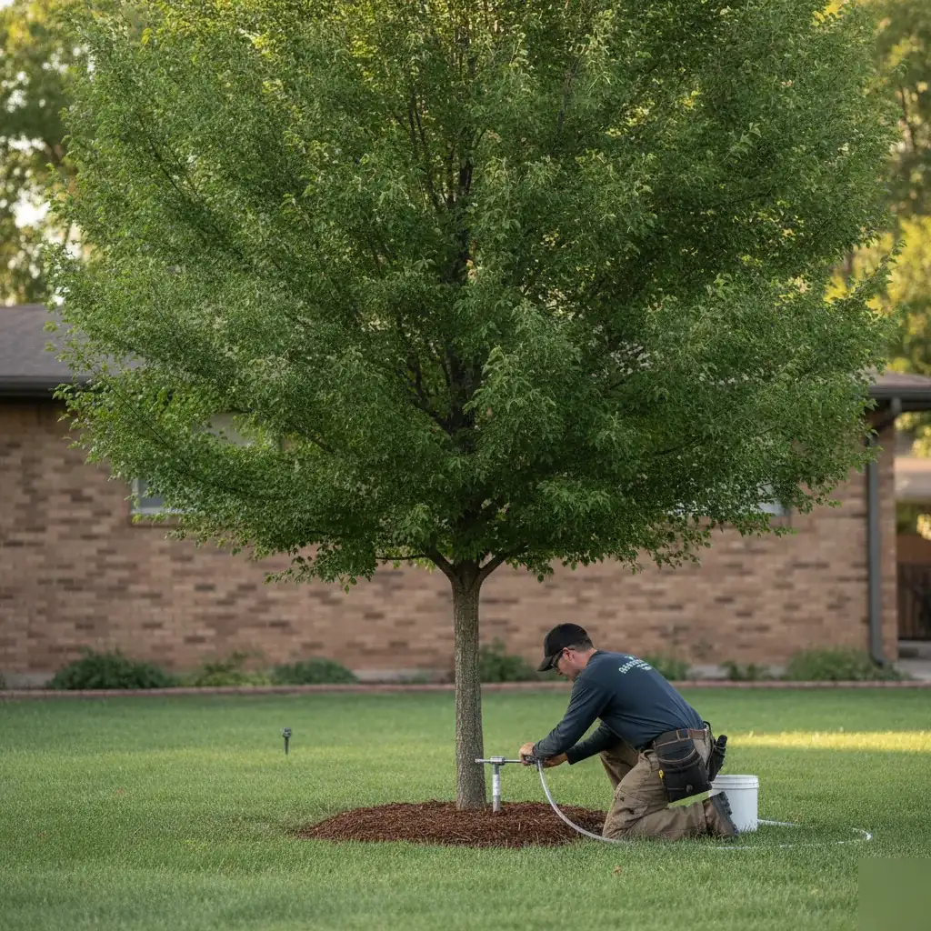 Technician treating a healthy ash tree instead of removal in a Denver yard