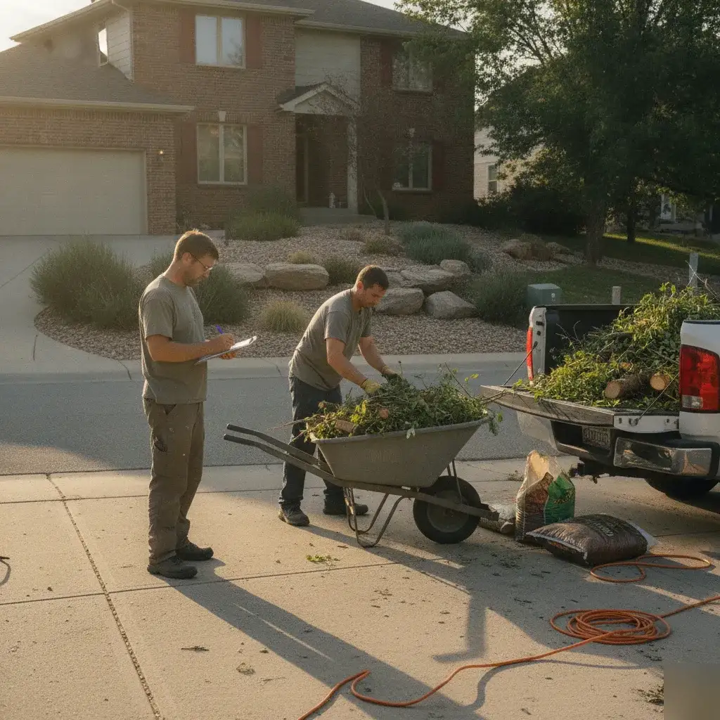Crew reviewing estimate during brush removal visit in Denver