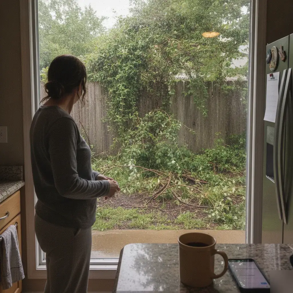 Homeowner viewing overgrown brush through kitchen window Denver