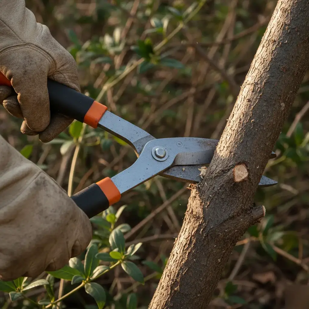 Gloved hands cutting buckthorn stem during brush removal job