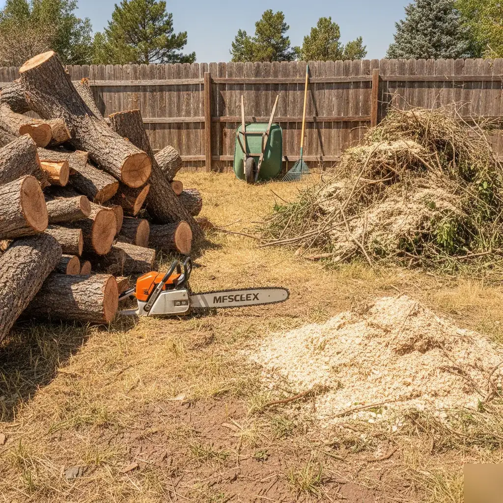 Chainsaw beside tree limbs and brush piles showing job difference