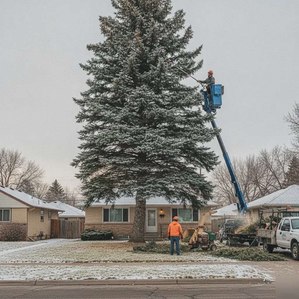 Tree crew thinning a canopy before Denver's snow season