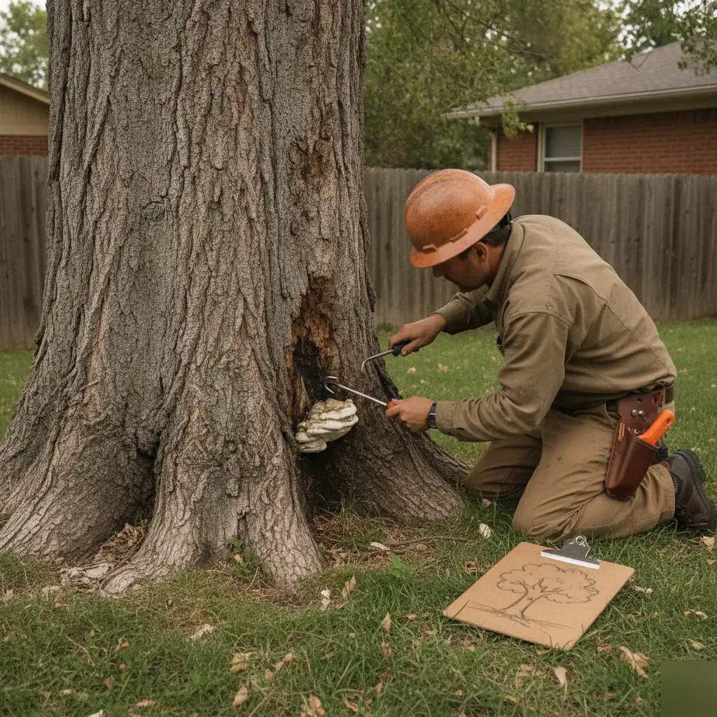 Arborist inspecting tree trunk before recommending crown thinning in Denver