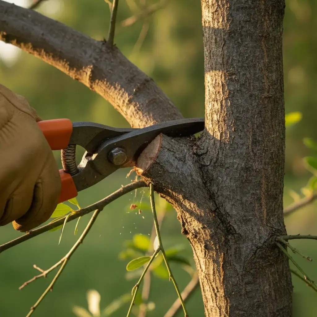 Close-up of hand pruning shears cutting tree branch for crown thinning