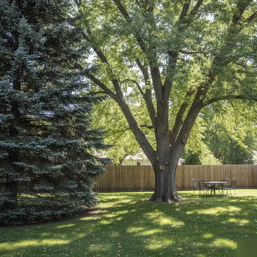 Tree canopy after crown thinning shows more light reaching lawn in Denver