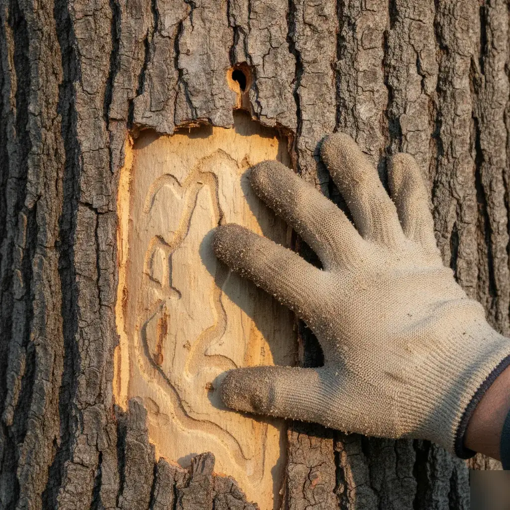 Close-up of emerald ash borer damage on ash tree bark in Denver