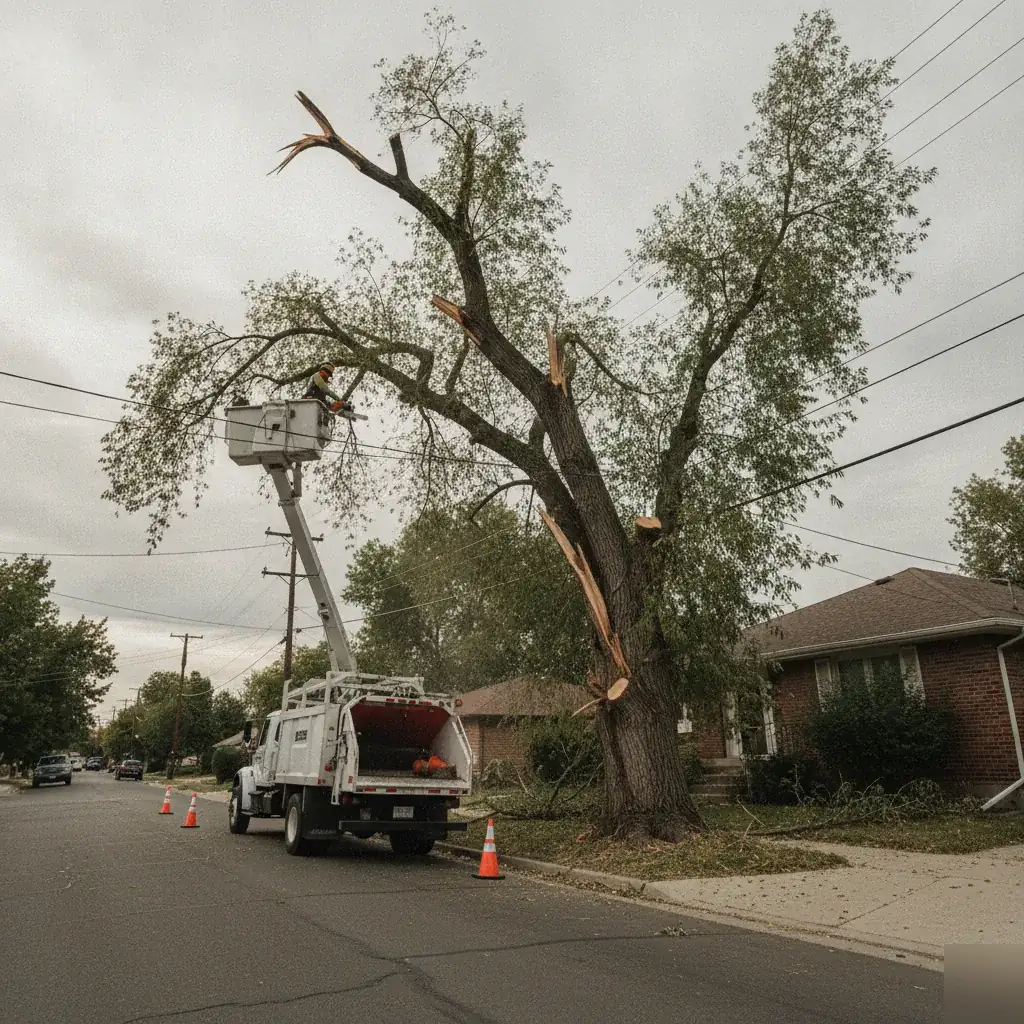 Worker in a bucket truck removing a storm-damaged cottonwood tree near a Denver home