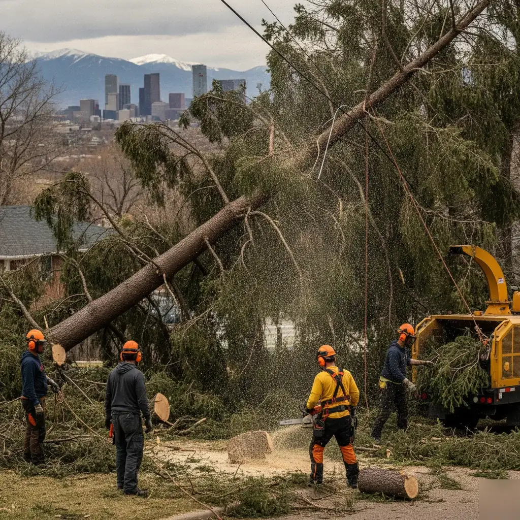 Tree service crew removing a large fallen tree tangled in power lines with the Denver skyline behind