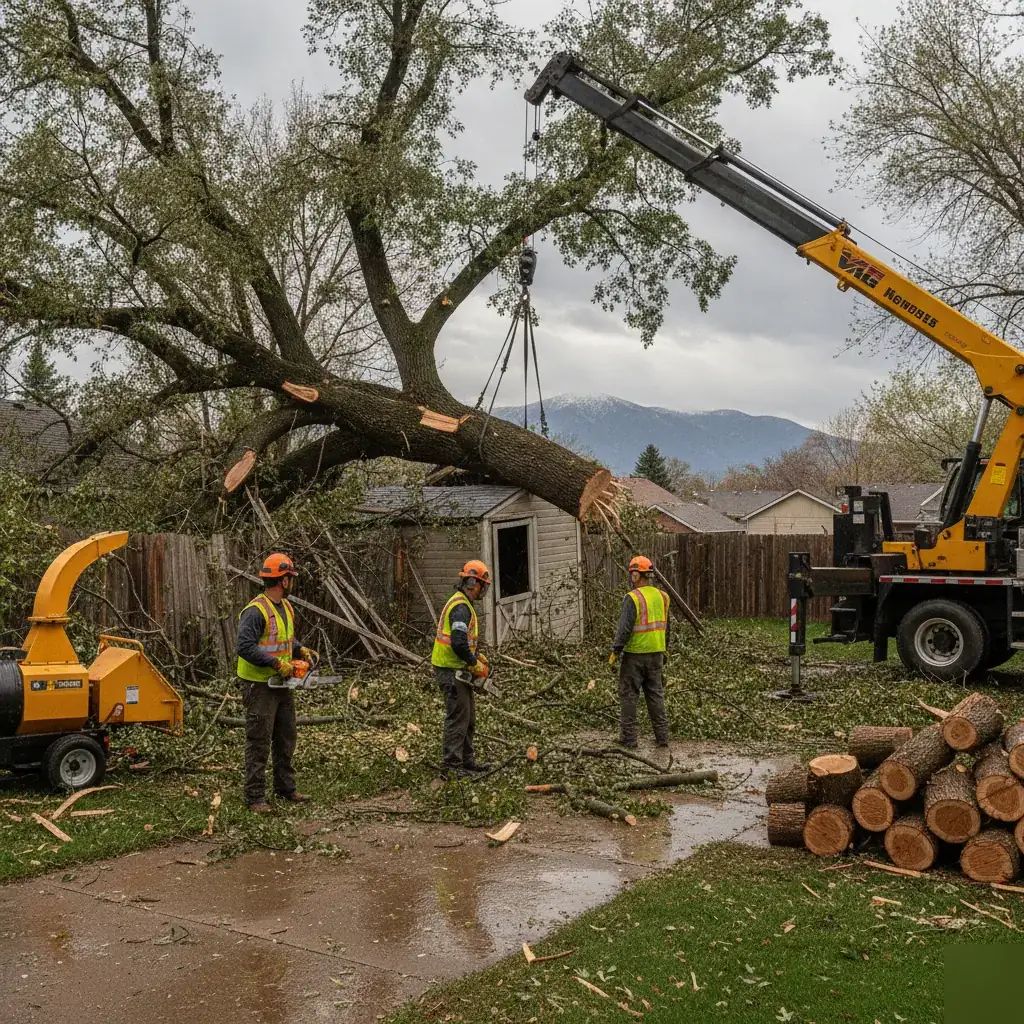 Crane lifting a large tree that fell onto a backyard shed during a Denver removal