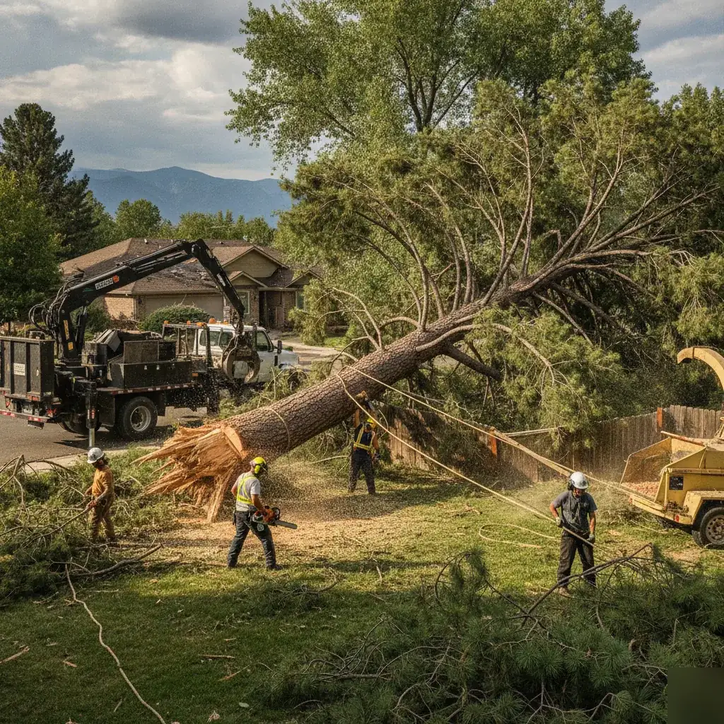 Crew clearing a large uprooted tree fallen across a Denver front yard