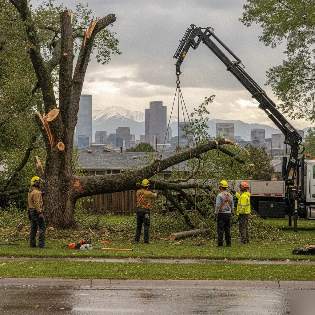 Crew using a crane to lower a large storm-broken tree limb near downtown Denver