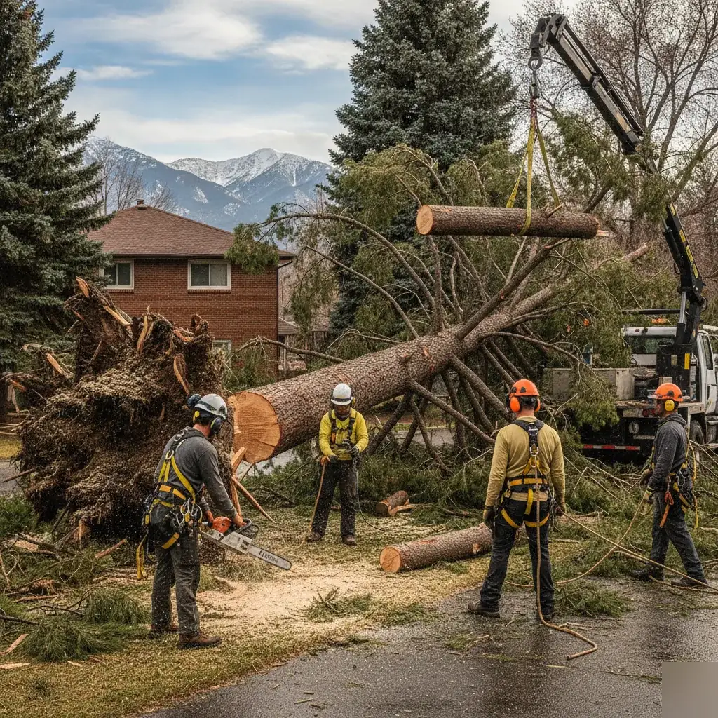 Crew cutting up a large uprooted tree with an exposed root ball in a Denver yard