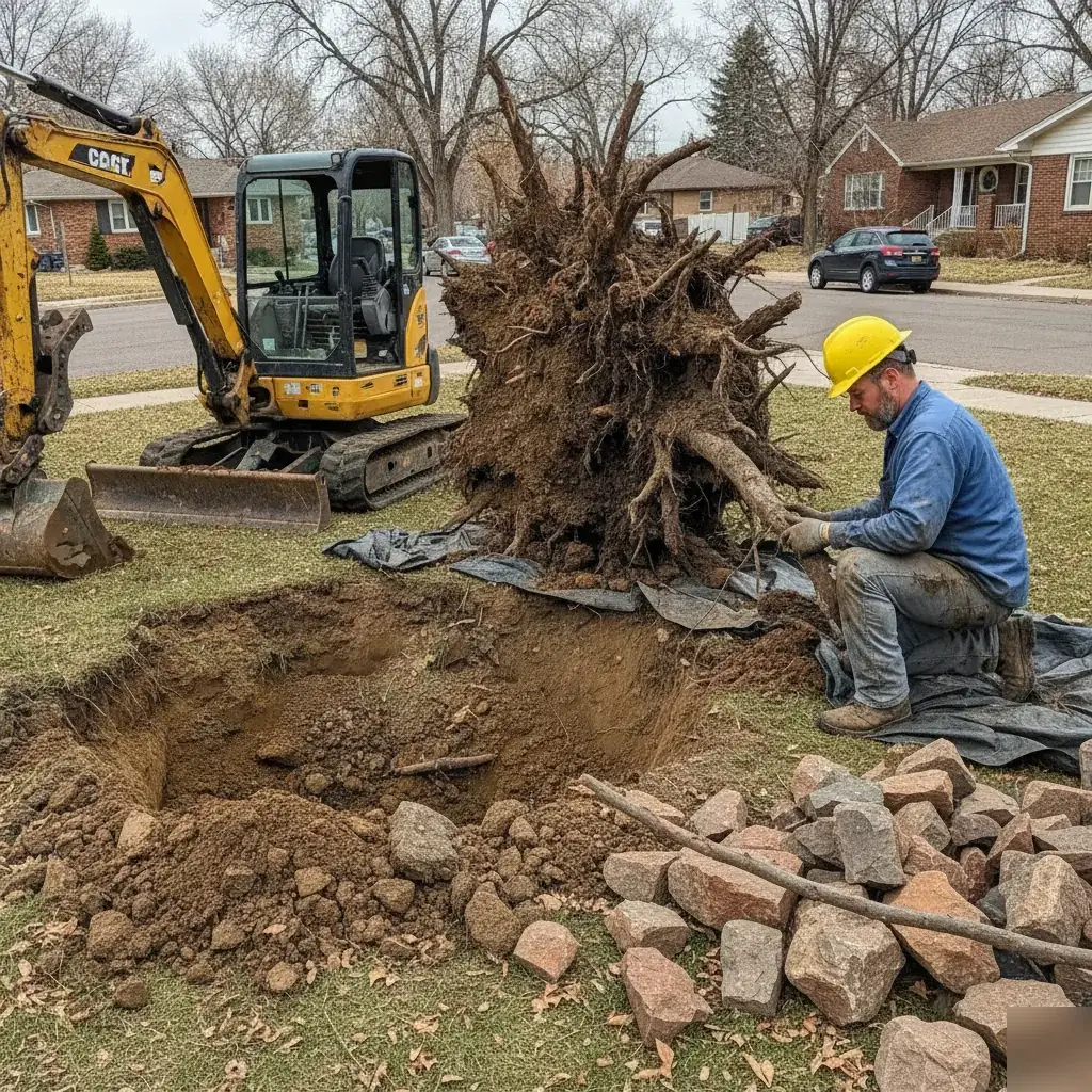 Excavator removing a full tree stump root ball from a Denver yard