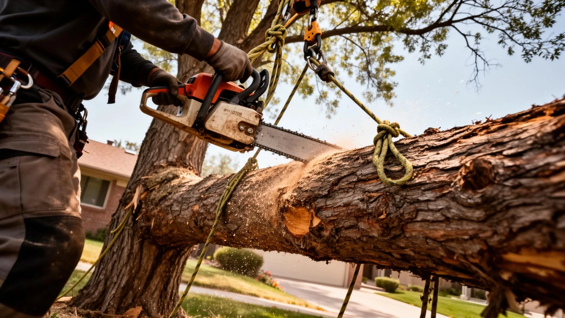 Professional tree removal service with chainsaw and rigging in Denver Colorado