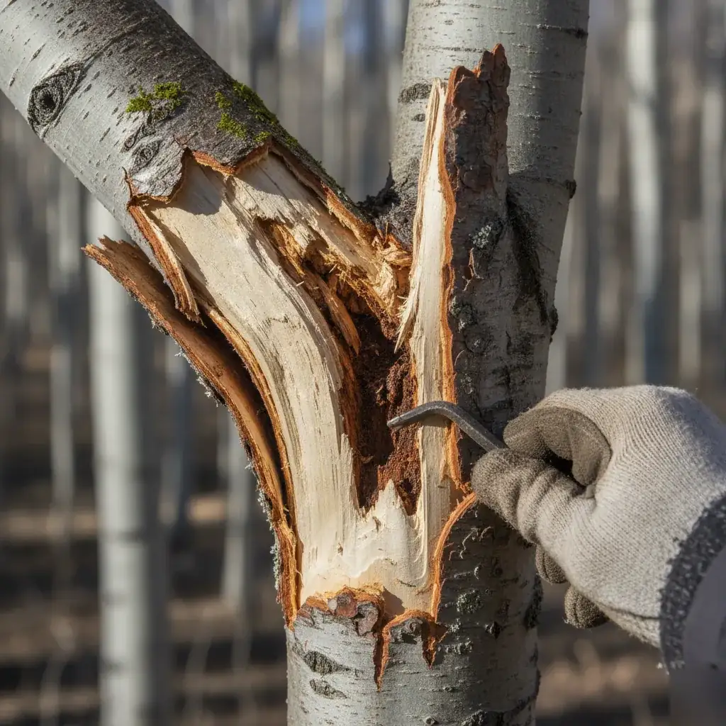 Close-up of hidden internal rot inside a cracked storm-damaged tree branch
