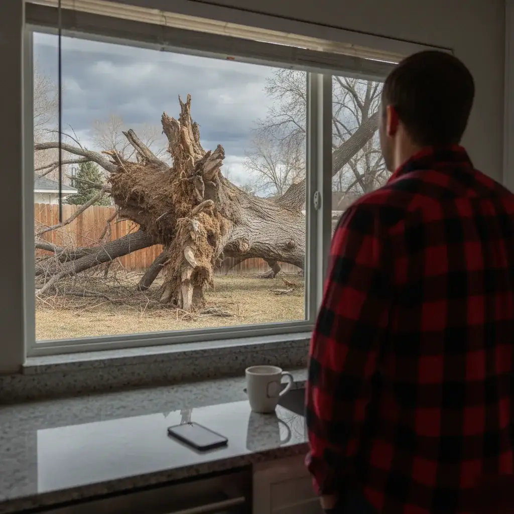 Homeowner looking at a fallen tree in a backyard through a kitchen window in Denver