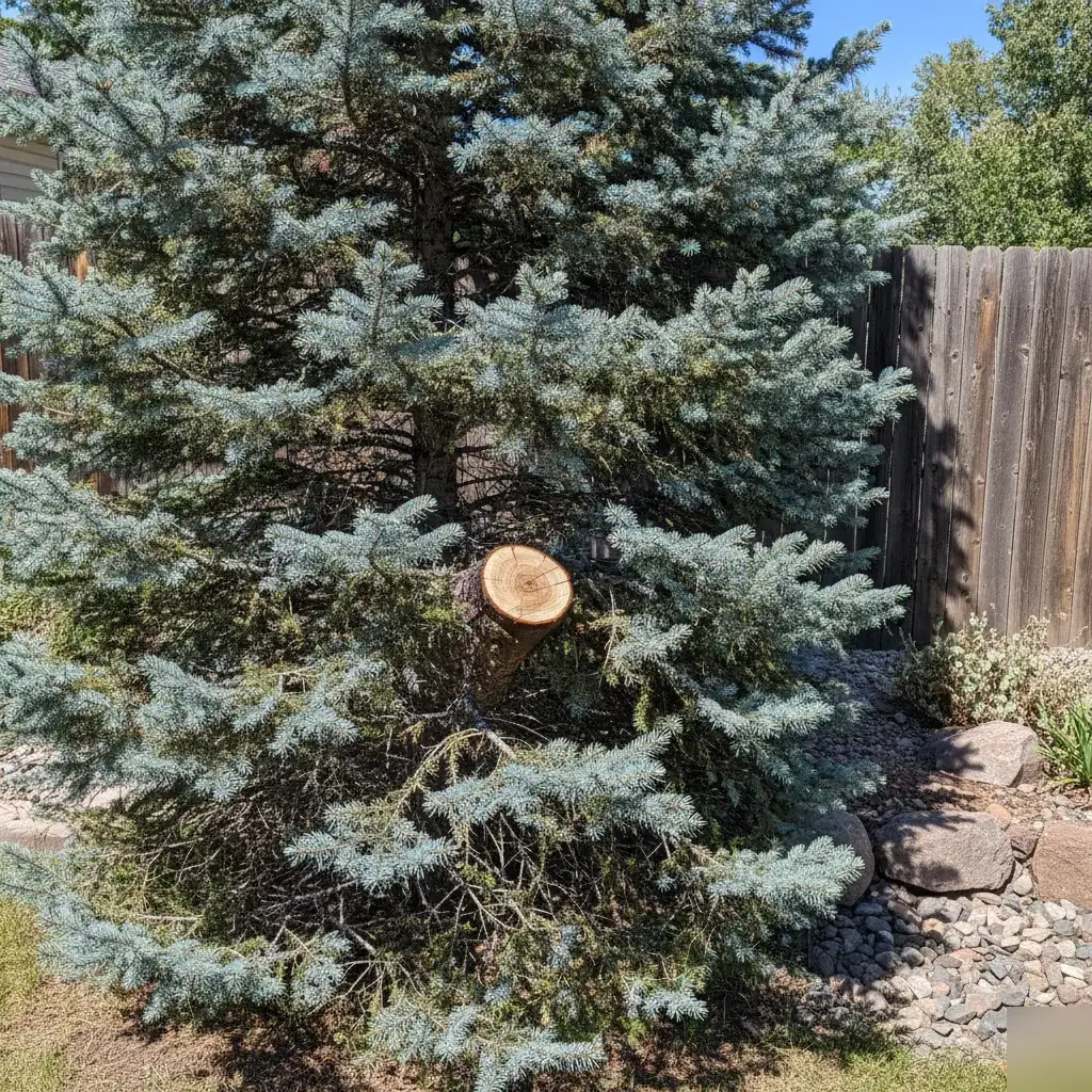 Pruned spruce tree with a clean cut branch after storm damage repair in Denver