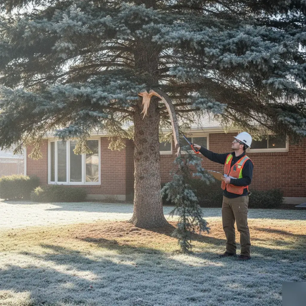 Worker assessing a damaged spruce limb to decide save, prune, or remove in Denver