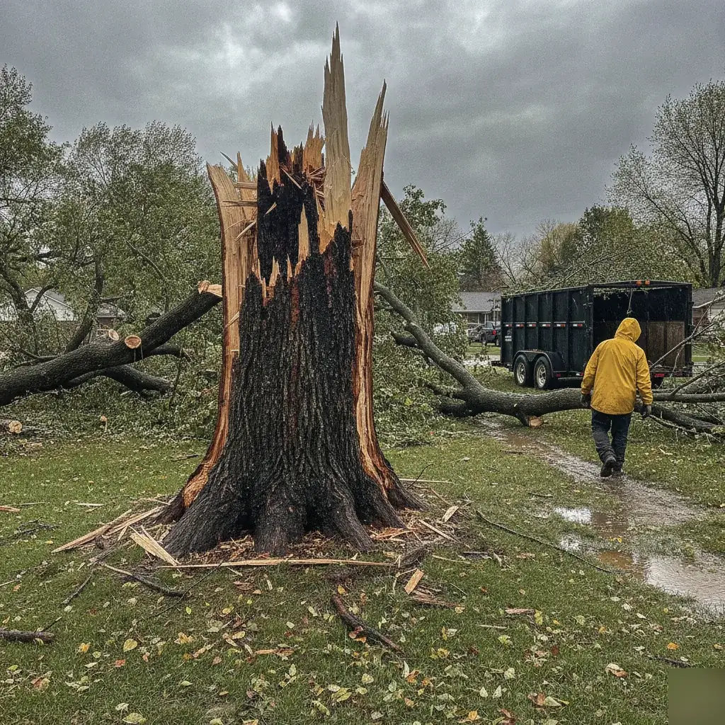 Storm-damaged tree stump cleanup after Denver windstorm debris