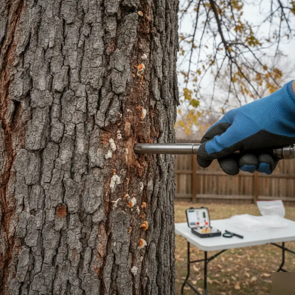 Arborist examines diseased ash tree bark in Denver yard
