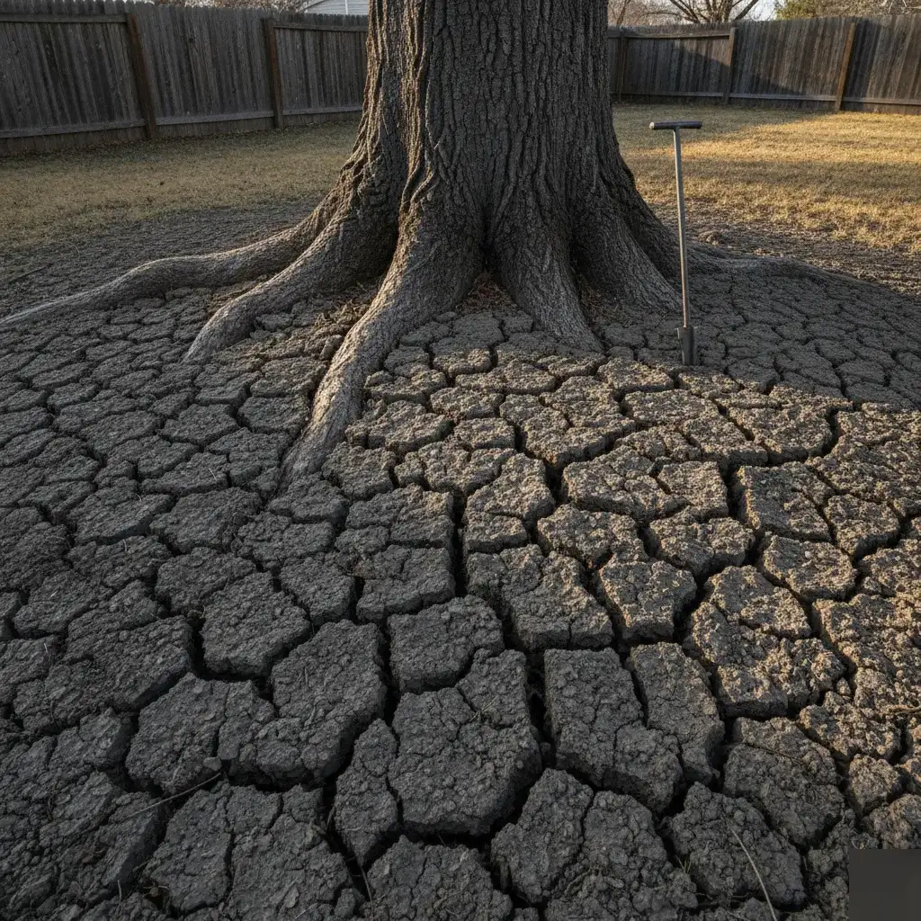 Cracked clay soil and root probe near Denver tree showing drought stress