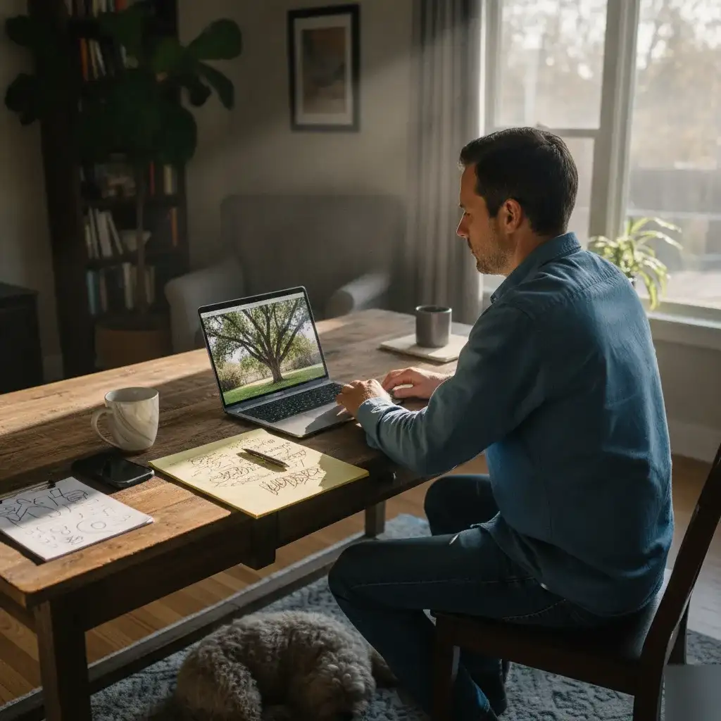 Denver homeowner reviewing tree photos before deciding on tree health treatment
