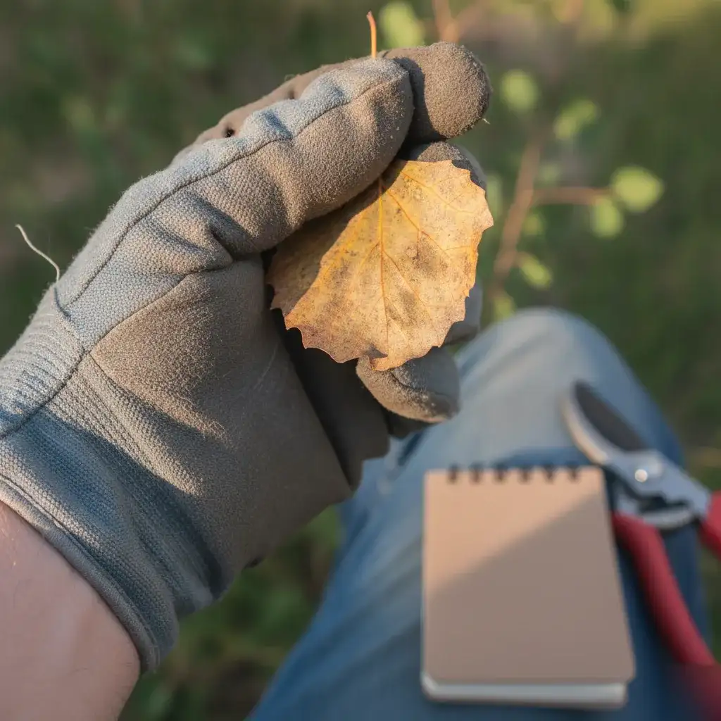 Close-up of dry curling aspen leaf showing tree stress signs in Denver