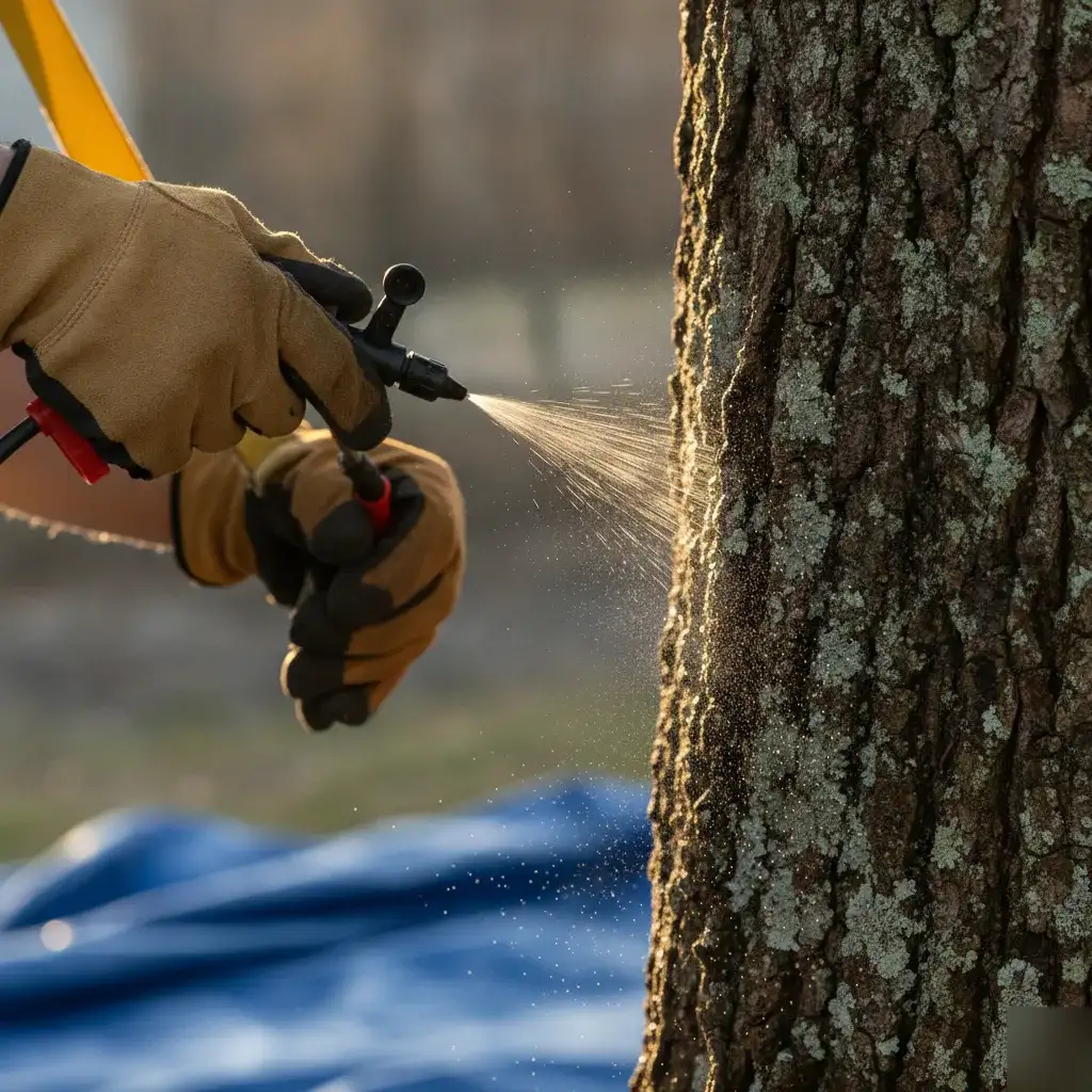 Arborist applying pest treatment spray to ash tree bark in Denver