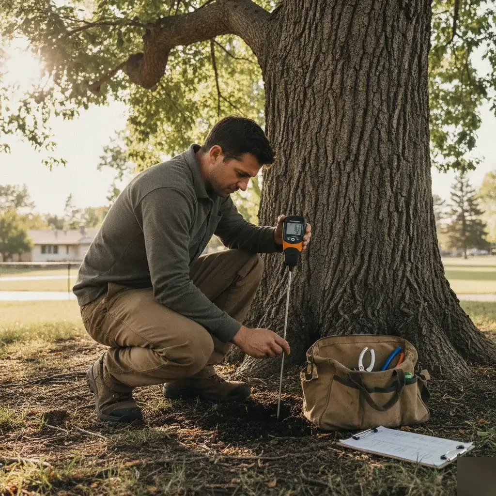Arborist measuring soil moisture during professional tree health assessment in Denver