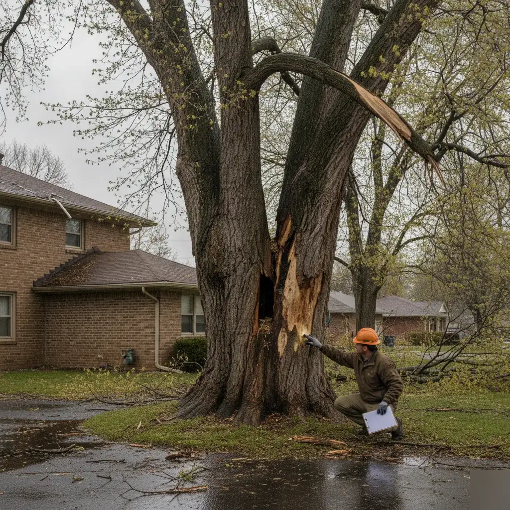 Arborist inspects storm-damaged elm tree trunk in Denver
