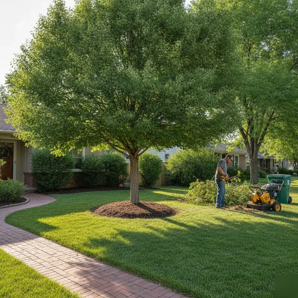 Healthy pruned tree and cleared yard after Denver tree service maintenance