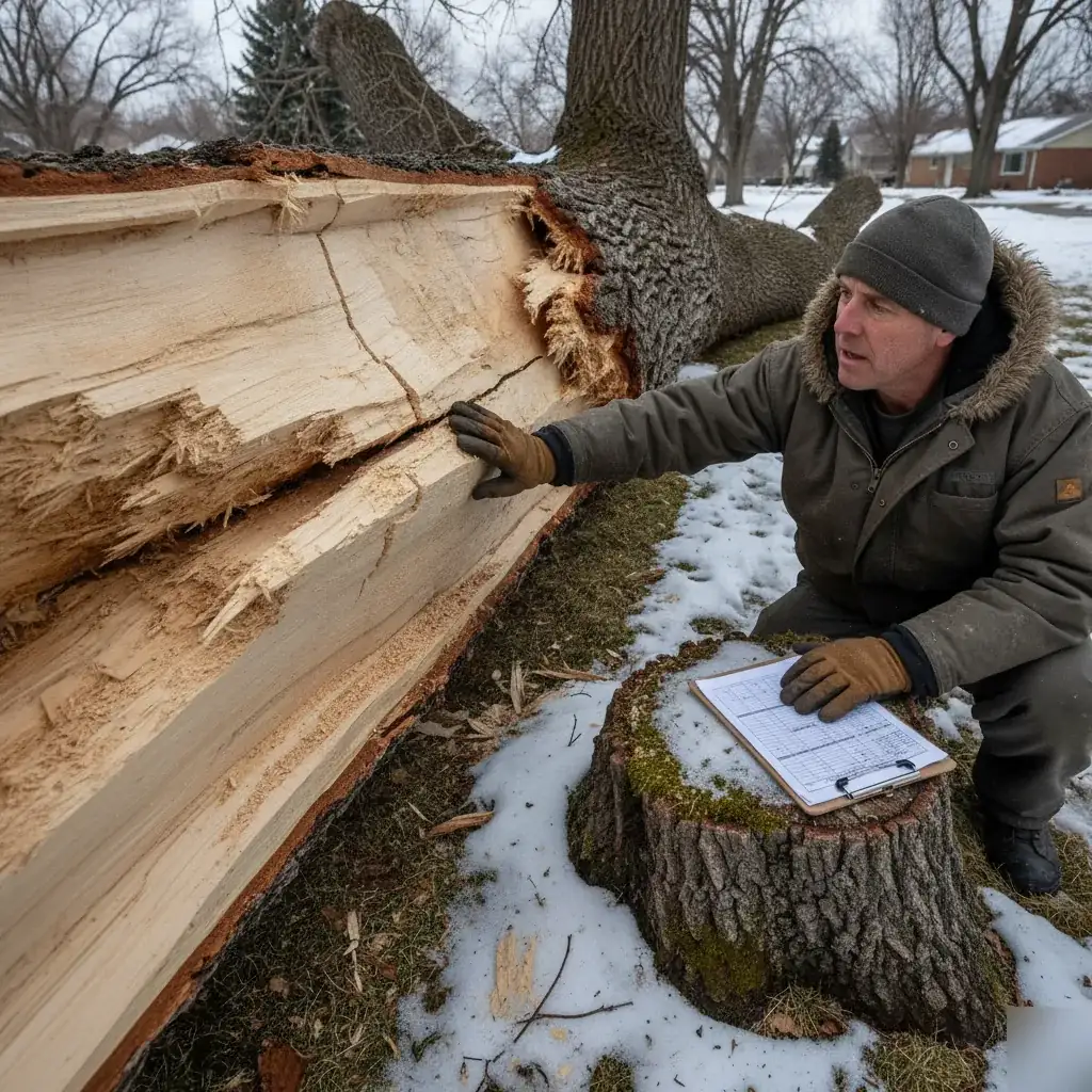 Worker assessing snow-damaged cottonwood trunk crack in Denver yard