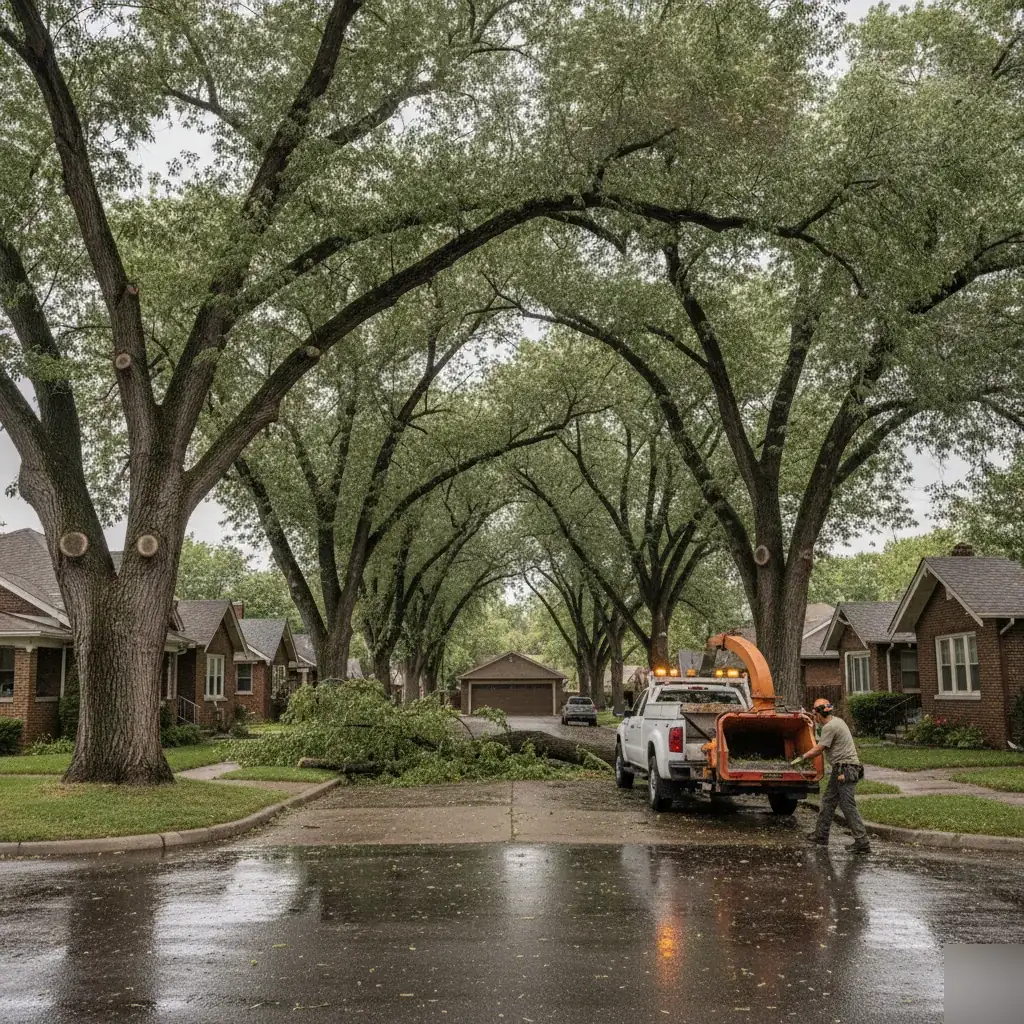Storm-damaged tree limb blocking driveway on Denver residential street