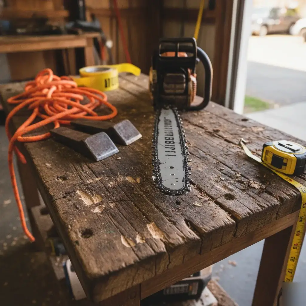 Chainsaw, climbing rope, and wedges used in Denver tree service removal work